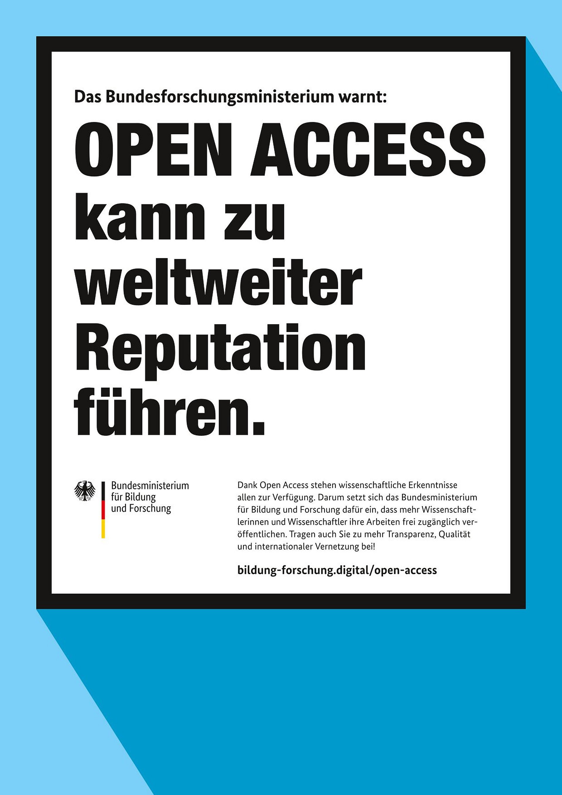 Text auf Weiß vor blauem Hintergrund: Open Access kann zu weltweiter Reputation führen