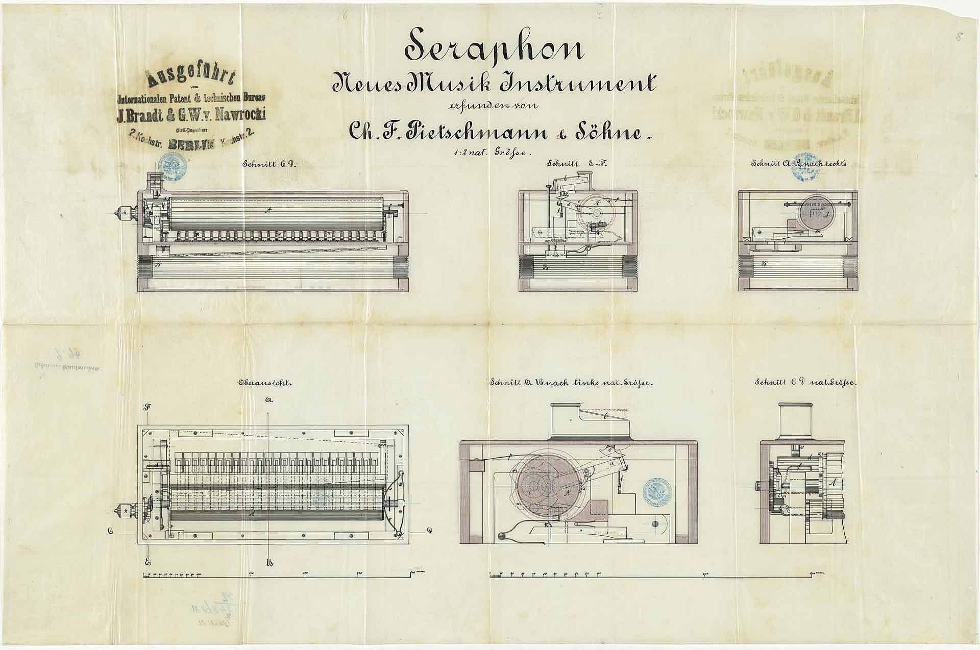 Patentzeichnung mit sechs verschiedenen Ansichten des Seraphons