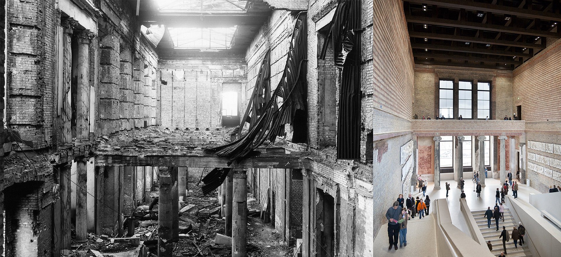 Bildcollage: linke Seite zerstörte Treppenhalle eines Museums in schwarz-weiß, rechts dieselbe wiederaugebaute Eingangshalle in Farbe
