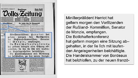 Links Scan einer historischen Zeitung, rechts Feld mit Text