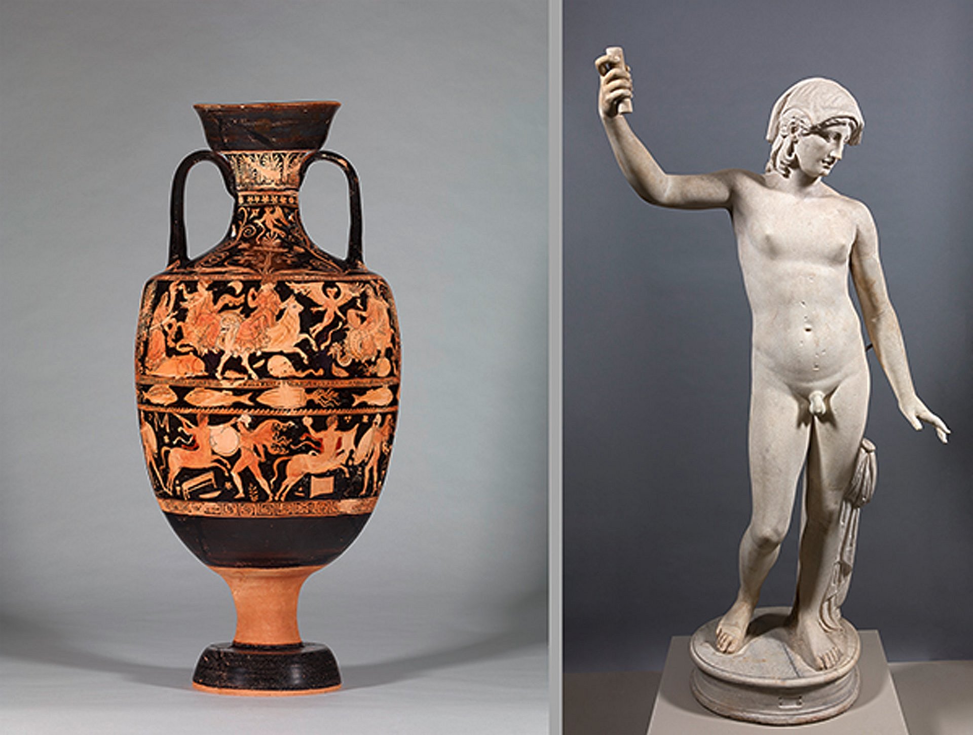 Geteiltes Bild: Antike Vase links, rechts Skulptur
