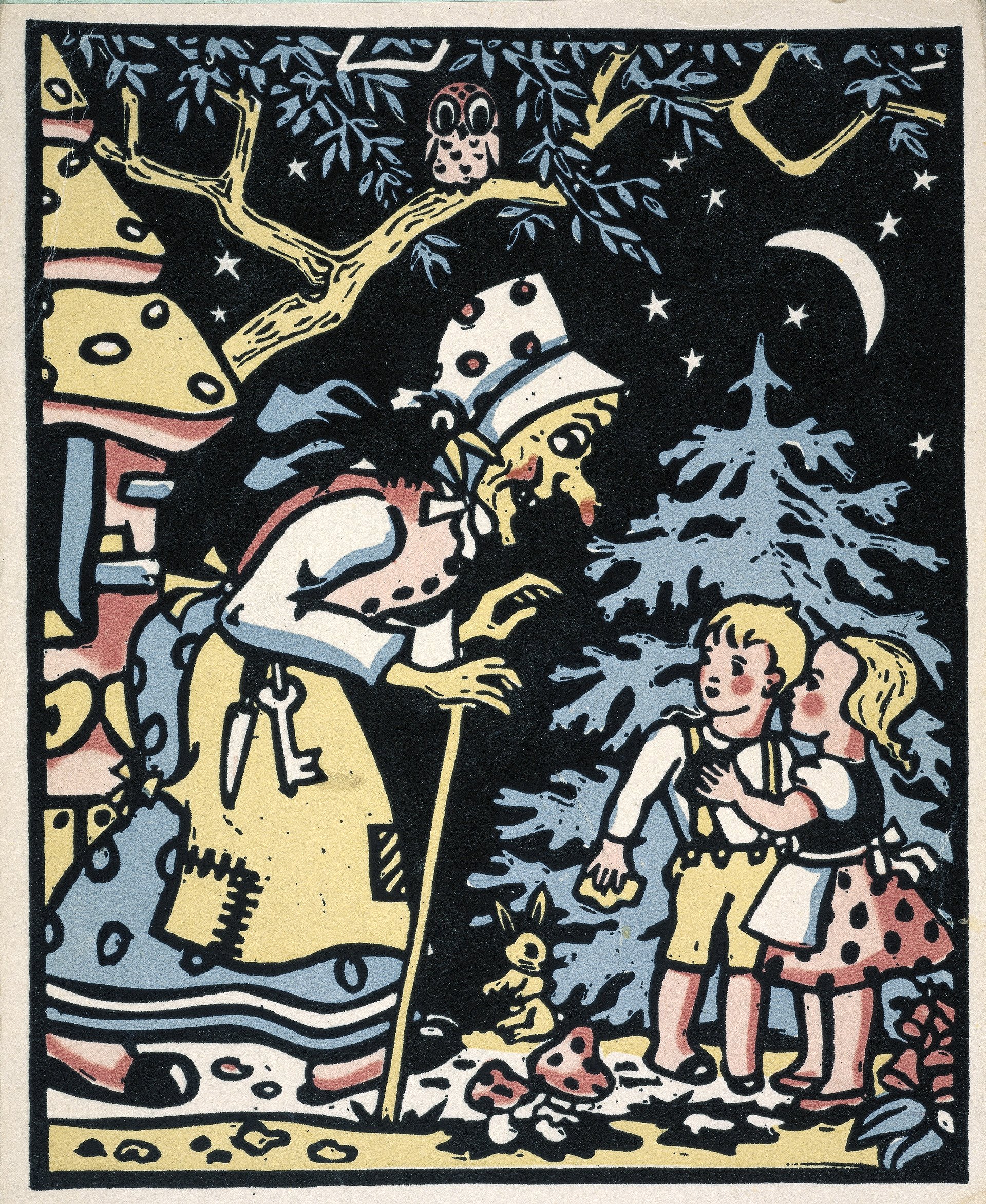 Illustration, welche eine Hexe und zwei kleine Kinder zeigt