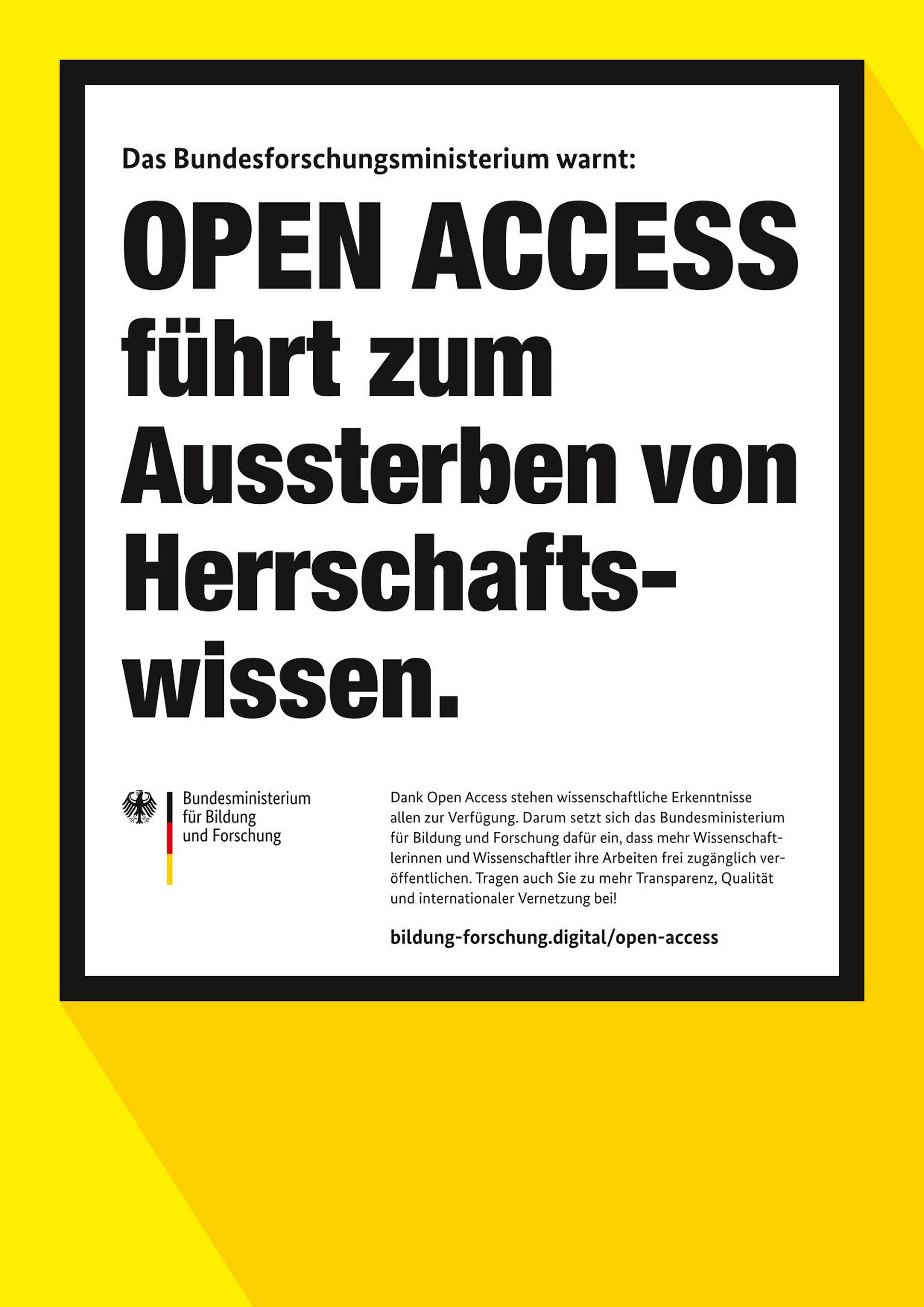 Text auf Weiß vor gelbem Hintergrund: Open Access führt zum Aussterben von Herrschaftswissen