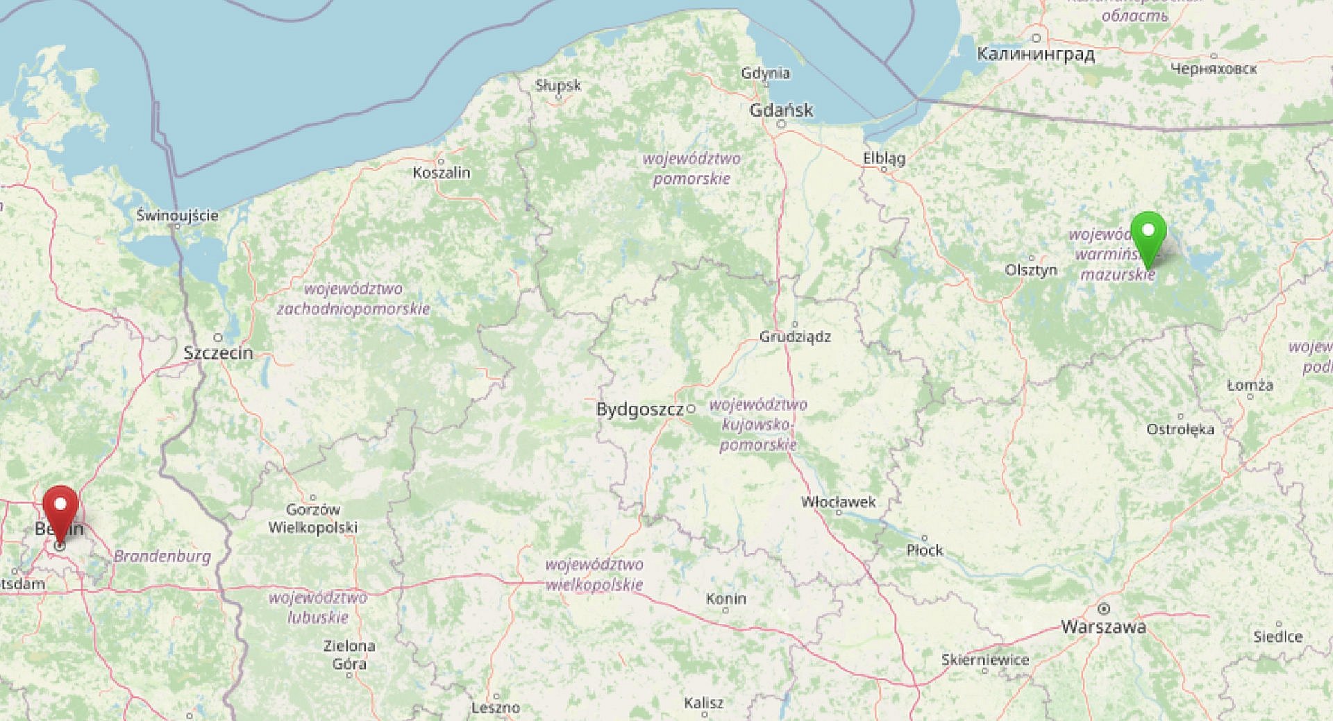 Abbildung einer Landkarte Polens und Teilen von Deutschlands