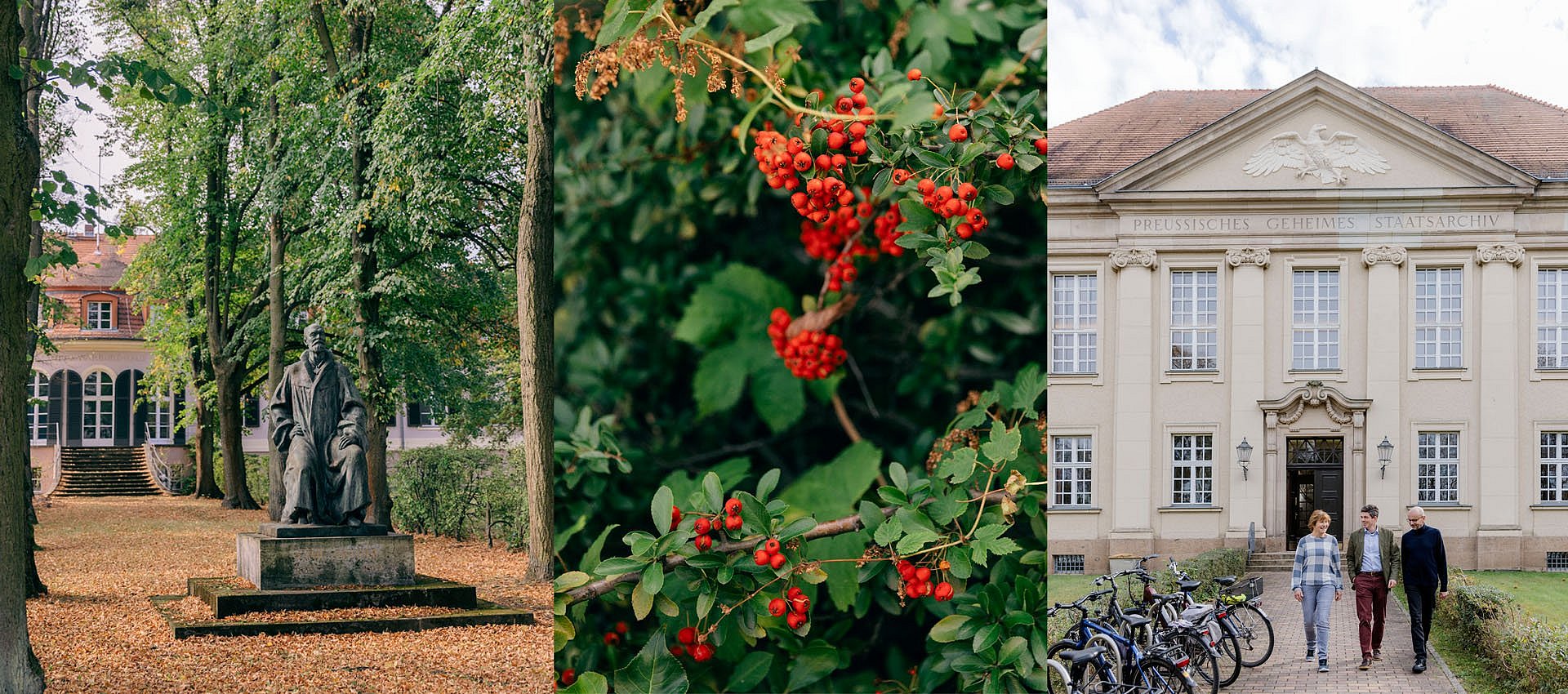 Fotocollage von einem Denkmal im Garten, roten Beeren am Busch, drei Menschen vor einer großen alten Villa