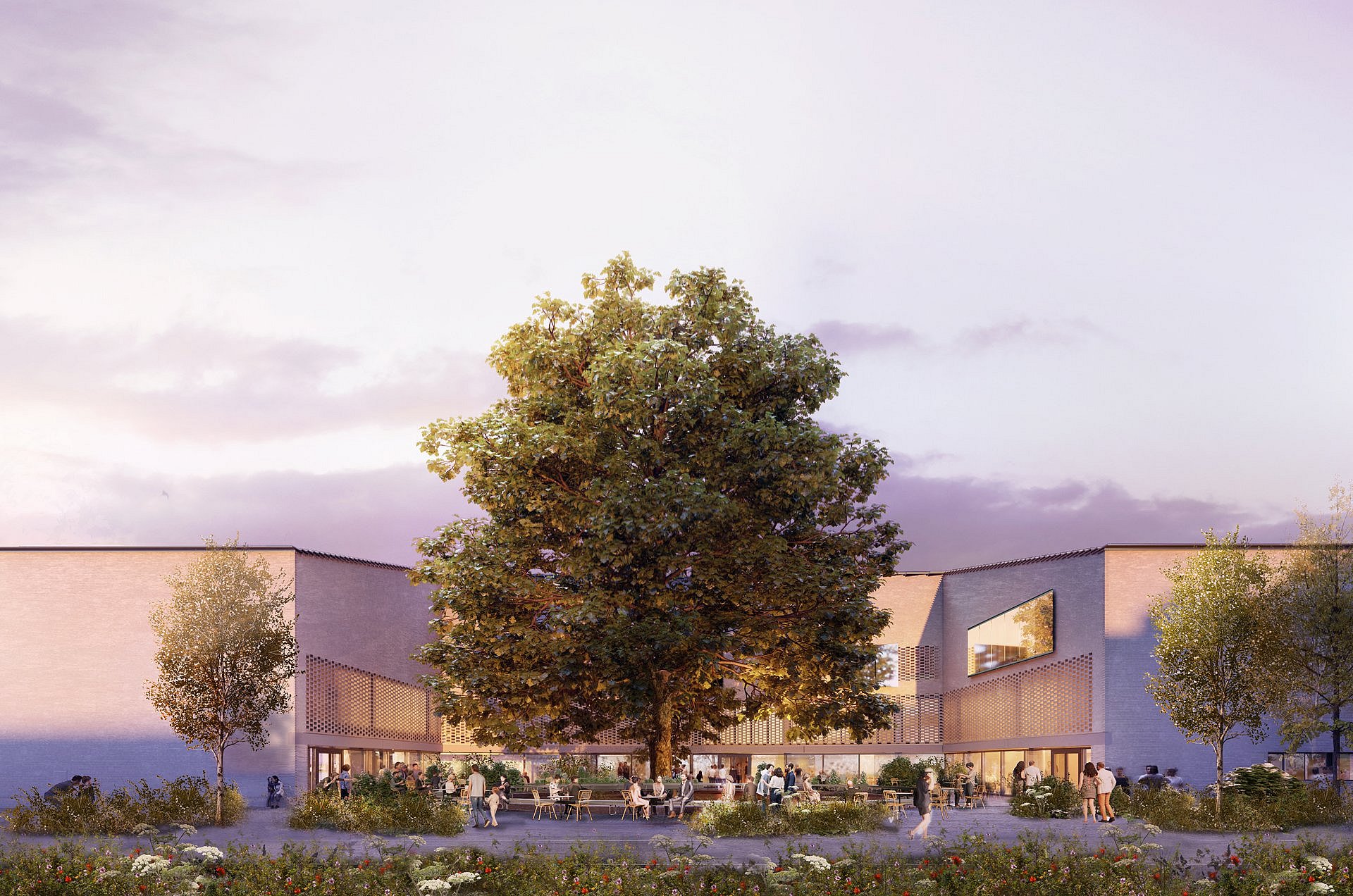 Architekturrendering eines einen großen Baum umfassenden Hauses im Abendlicht