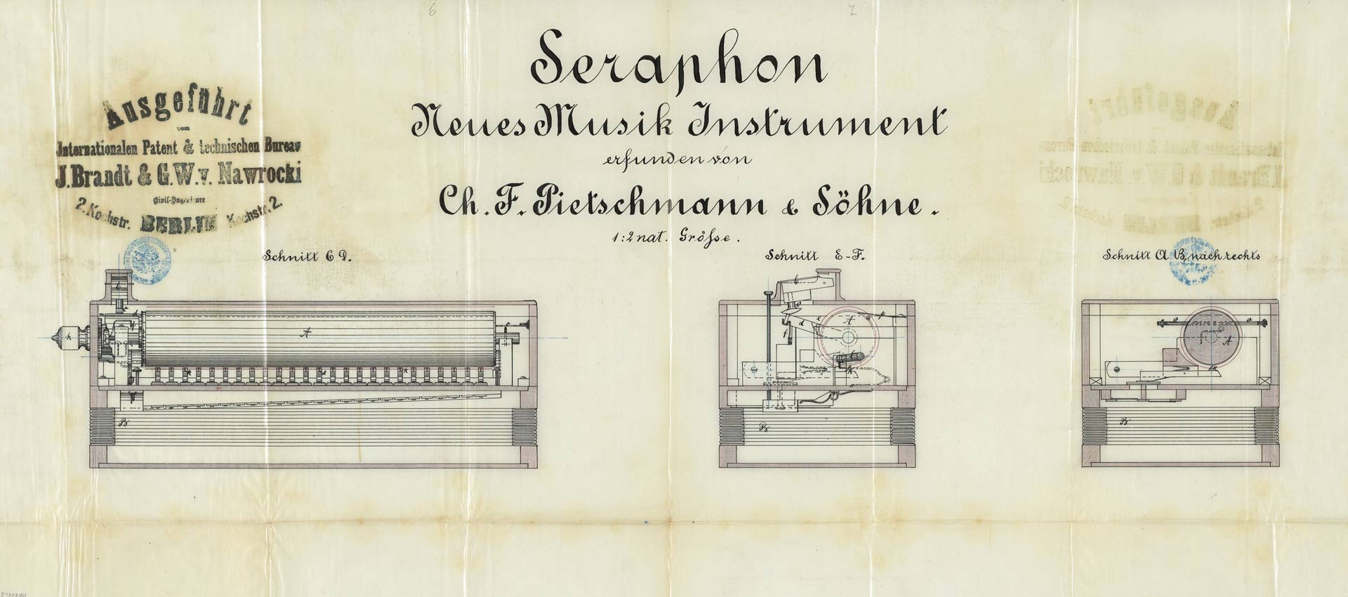 Detail einer Patentzeichnung mit drei verschiedenen Ansichten des Seraphons