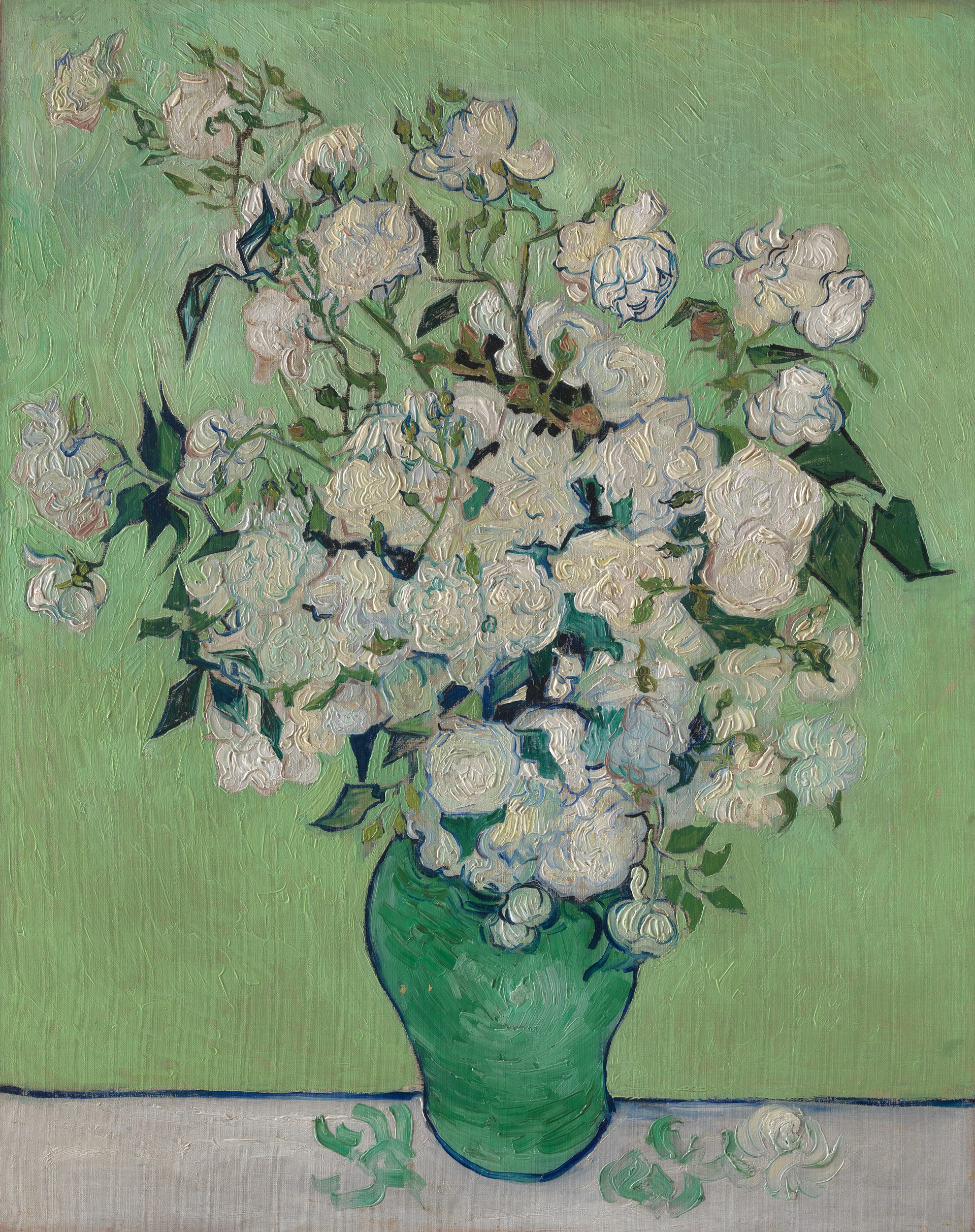 Gemälde eines Blumenstraußes in einer grünen Vase vor grüner Wand
