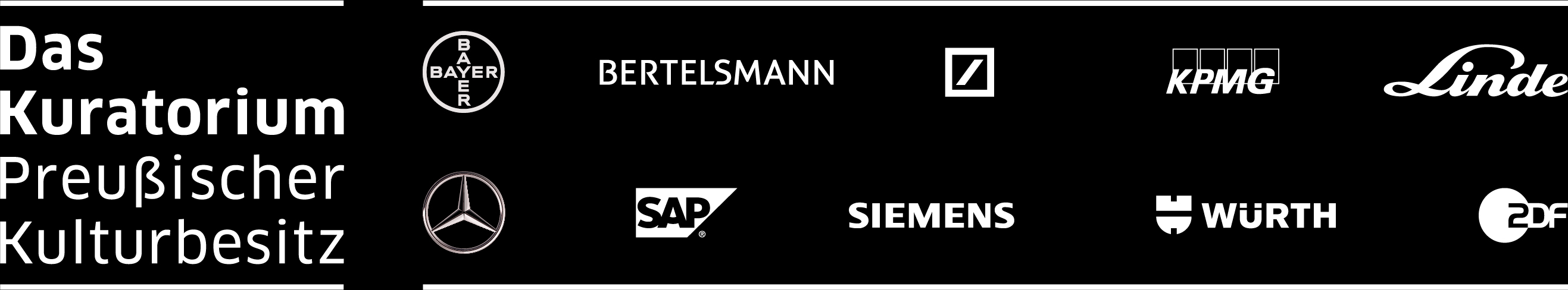 The Preußischer Kulturbesitz Advisory Board - Logos of participating companies: Bayer, Bertelsmann, Deutsche Bank, KPMG, Linde, Mercedes-Benz, SAP, Siemens, Würth & ZDF