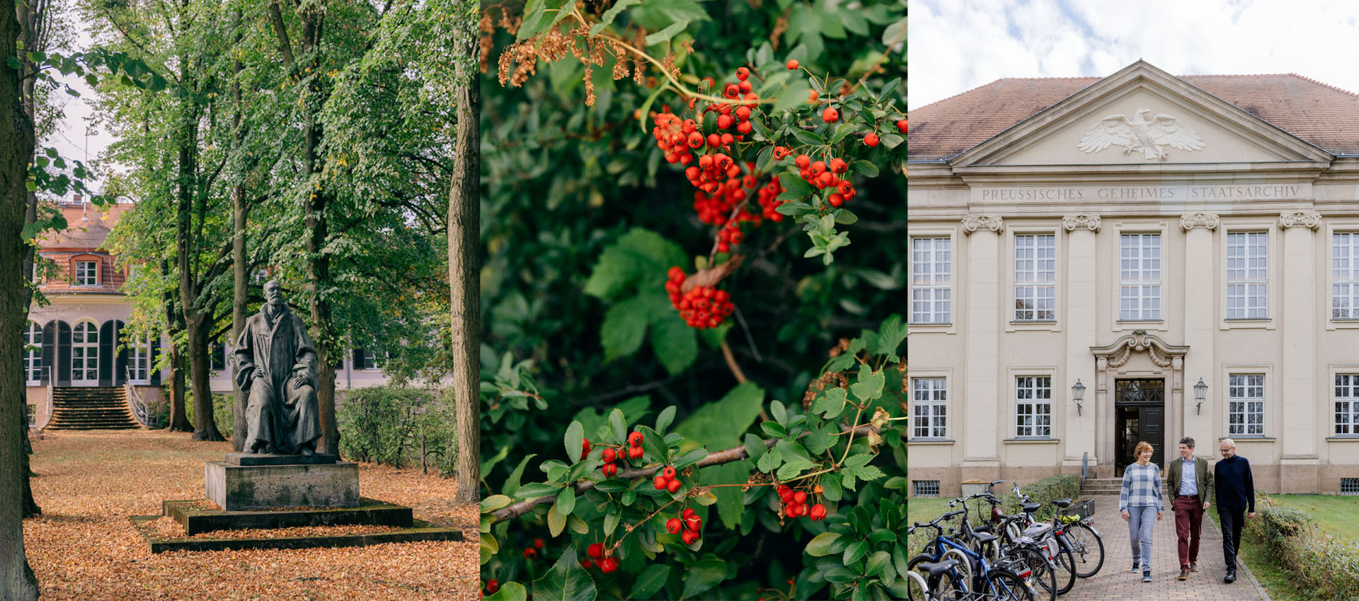 Fotocollage von einem Denkmal im Garten, roten Beeren am Busch, drei Menschen vor einer großen alten Villa